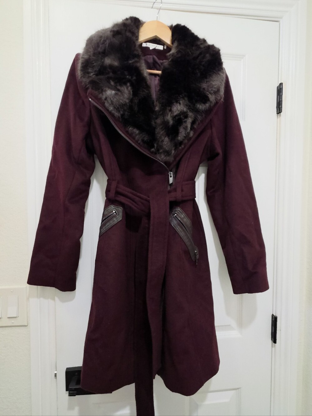 Via Spiga Burgundy Wool-Blend Trench with Faux-Fur Collar